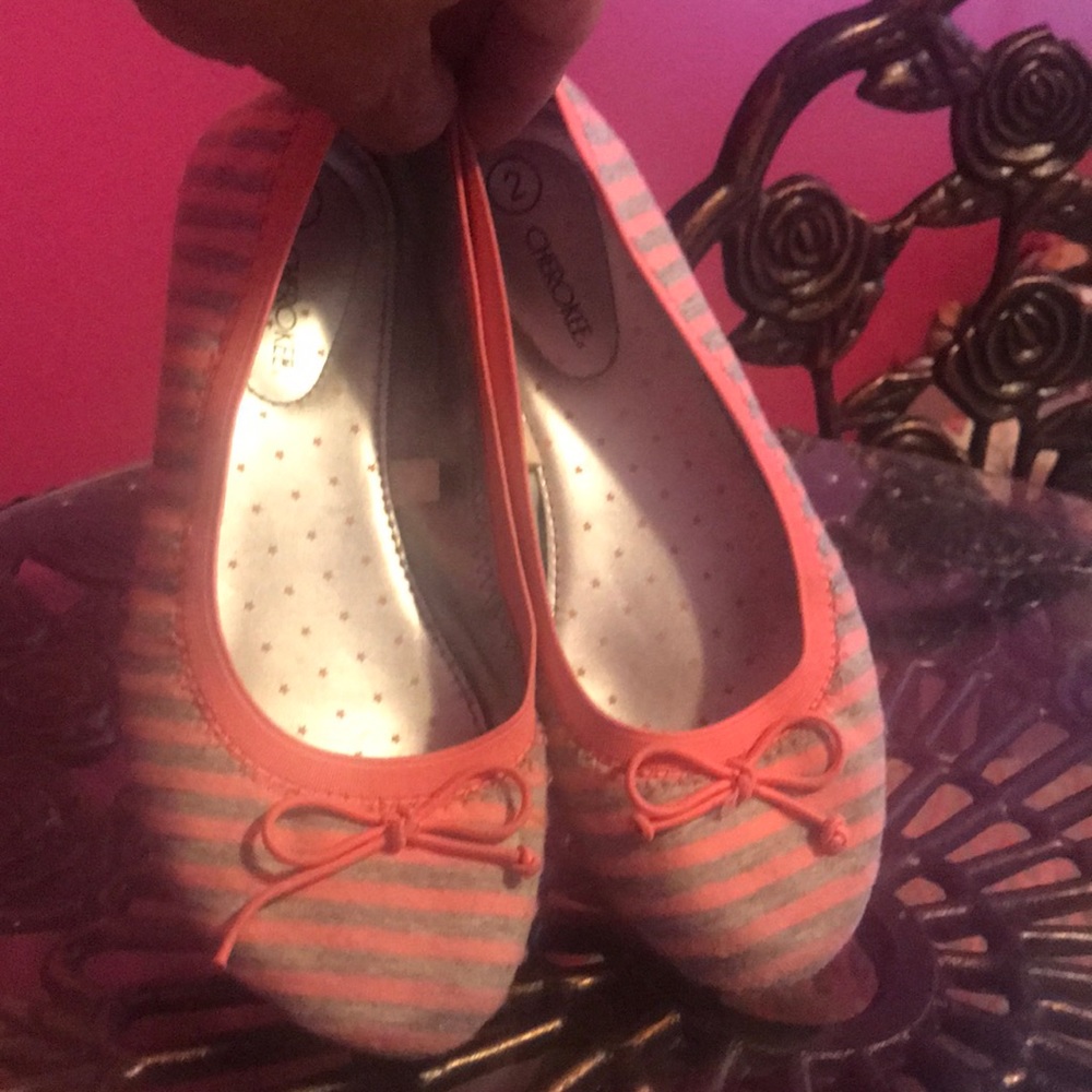 Peach & Gray striped ballet flats. GUC